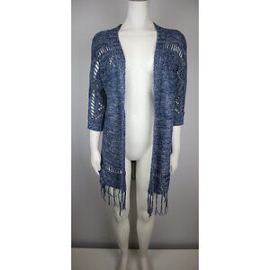 WOMEN'S BLUE 3/4 SLEEVE FRINGE CARDIGAN SWEATER - CONFESS - SIZE M